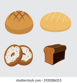 Set Vector Bread Icons. Rye, Whole Grain And Wheat Bread, Pretzel, Muffin, Pita , Ciabatta, Croissant, Bagel, Toast Bread, French Baguette For Design Menu Bakery.