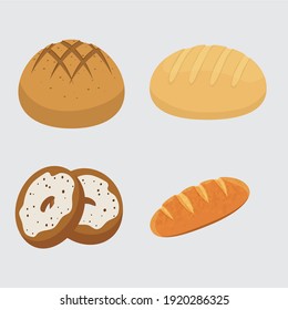 Set Vector Bread Icons. Rye, Whole Grain And Wheat Bread, Pretzel, Muffin, Pita , Ciabatta, Croissant, Bagel, Toast Bread, French Baguette For Design Menu Bakery.