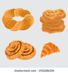 Set vector bread icons. Rye, whole grain and wheat bread, pretzel, muffin, pita , ciabatta, croissant, bagel, toast bread, french baguette for design menu bakery.