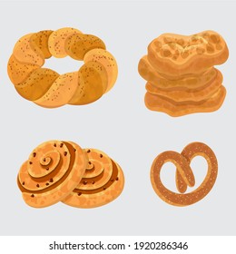Set vector bread icons. Rye, whole grain and wheat bread, pretzel, muffin, pita , ciabatta, croissant, bagel, toast bread, french baguette for design menu bakery.