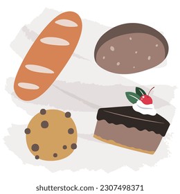 Set vector of bread icons. Rye, whole grain and wheat bread, pretzel, muffin, pita , ciabatta, croissant, bagel, toast bread, french baguette for design menu bakery.
