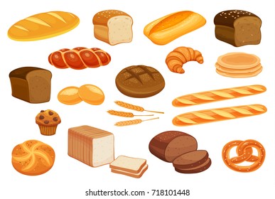 Набор векторных иконок хлеба. Рожь, цельное зерно и пшеничный хлеб, крендель, кекс, лаваш, чиабатта, круассан, бублик, тост хлеб, французский багет для дизайна меню пекарни.