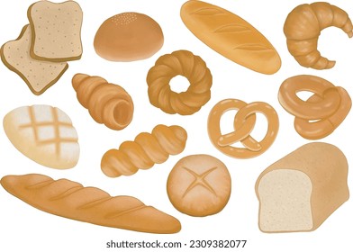 Establecer iconos de pan vectorial. Pan de trigo y grano entero, pretzel, cruasán, bagel, baguette francesa para la panadería de menús de diseño.