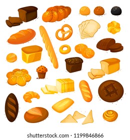 Set vector bread icons.Bakery product in cartoon style. Rye, whole grain and wheat bread, pretzel, muffin, pita , ciabatta, croissant, bagel, toast bread, french baguette and so.