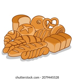 Set vector of breads cartoon illustration isolated on white. Bakery collection, Toast bread, bagel, croissant, pita ,pretzel, ciabatta, wheat bread, french, rye, pita