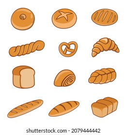 Set Vektorgrafik der Brotsymbole. Bäckereikollektion, Toastbrot, Bagel, Croissant, Pita, Bretzel, Ciabatta, Weizenbrot, französisches Baguette, Roggen. Für Design-Menü Bäckerei, Aufkleber. Flaches Design.