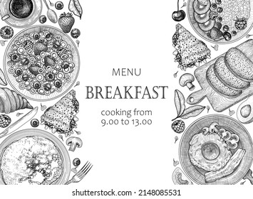 Set of vector breakfasts in engraving style. Bacon and eggs, pan tomato, pancakes, oatmeal with fruit and berries, fruit corn flakes, bread, sandwiches, croissant, coffee, cutlery