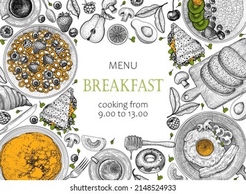 Set of vector breakfasts in engraving style. Bacon and eggs, pancakes, oatmeal with fruits and berries, cornflakes, bread, sandwiches, croissant, donut, coffee, cutlery