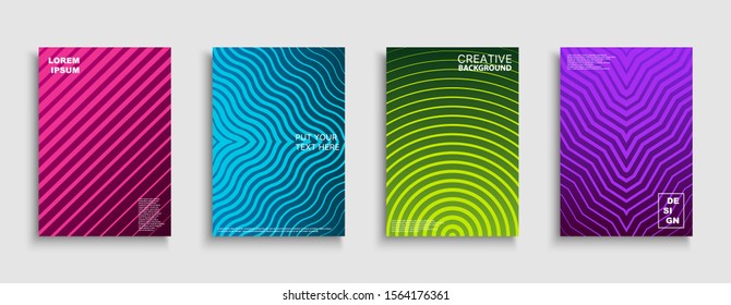 Set of vector bright abstract contemporary templates, posters, placards, brochures, banners, flyers, backgrounds and etc. Colorful gradient striped covers - trendy geometric vibrant design.