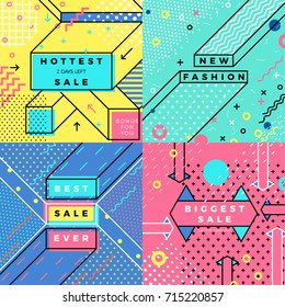 Set of vector bright abstract memphis style banners with geometric shapes. Special Offer, Sales etc