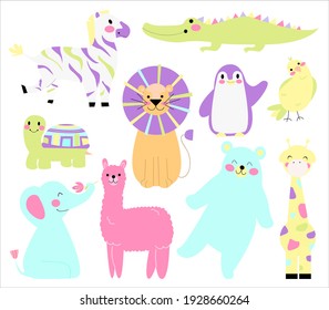 Set of vector bright animals isolated on white background. Cute kids characters.