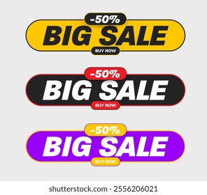 Set of vector bright banner for big sale, 50% discount, buy now, illustration of geometric rounded price tag flyer. Colorful poster template for advertising, business promotion, marketing