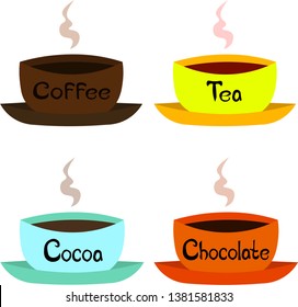 Set of vector bright bowl with drinks. Coffee, tea, kako, hot chocolate. Logo design, menu, cafe.
