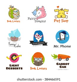 Set of vector bright cartoon style logos. 