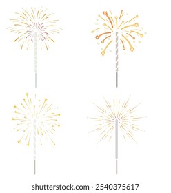 Set of vector bright colored stickers with sparklers - stylish and universal solution for festive design! These illustrations, isolated on a white background, give a bright and festive accent.