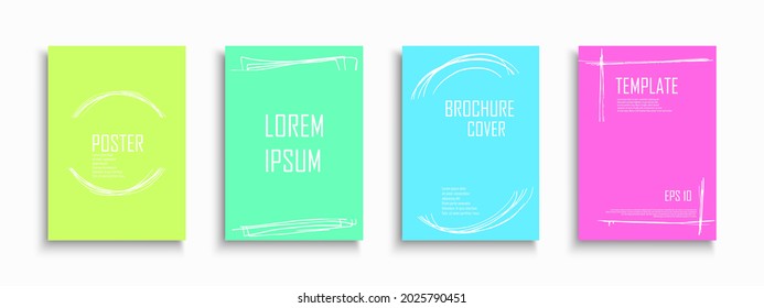 Set of vector bright colorful posters, cards, backgrounds, brochures, flyers with hand drawn frames. Creative vibrant templates for your design and ideas.