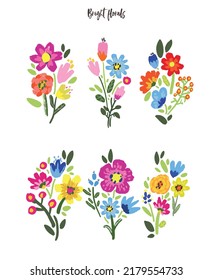 Conjunto de flores y hojas vectoriales brillantes
