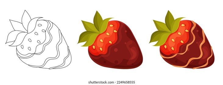 Set, vector bright illustration of strawberries in chocolate, poured with white chocolate, dark, milk chocolate, line, sketch, vector clipart 
