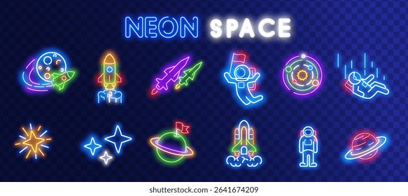A set of vector bright neon icons on the theme of space, Funny rockets, shuttles, planets, stars, astronauts, space objects, graphic elements of computer games are isolated.