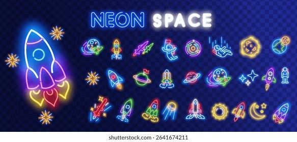 A set of vector bright neon icons on the theme of space, Funny rockets, shuttles, planets, stars, astronauts, space objects, graphic elements of computer games are isolated.