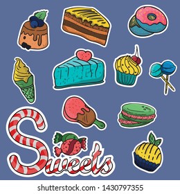 Set of vector bright pictures depicting different sweets of cakes and cant cakes.