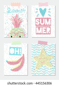 Set of vector bright summer cards with starfish, pineapple, bananas and hand written text.