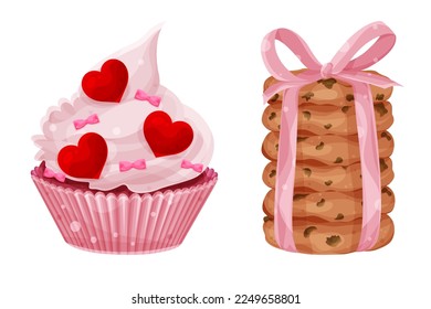 Set vector bright valentines day cupcake and stack of oatmeal cookies, hearts and bows, festive pastries 