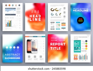 Set of Vector Brochure Flyer Design Layout Templates. Abstract Blurred Background. Wavy Forms for Flyer, Placard, Banner and Poster Design.