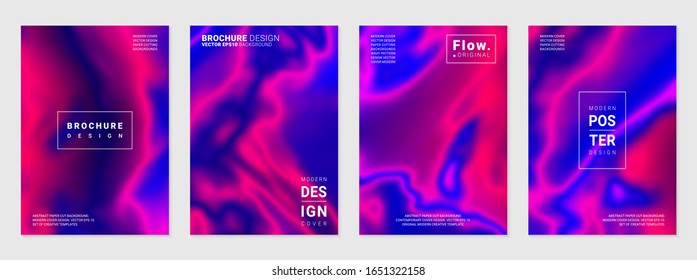Set of vector brochures; Abstract liquid backgrounds; Neon fluid backdrops.
