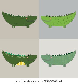 Set of vector brown  cute  crocodiles  on isolated background. Animal set.