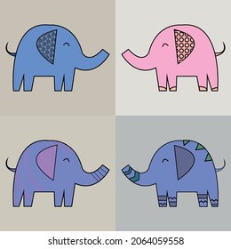 Set of vector brown  cute elephants on beige isolated background. Animal set.