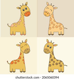 Set of vector brown  cute  giraffes on beige isolated background. Animal set.