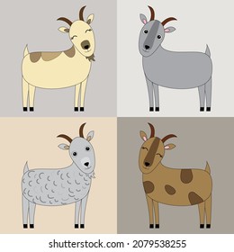 Set of vector brown  cute  goats on beige  and grey isolated background. Animal set.