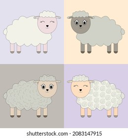 Set of vector brown  cute  sheeps on beige isolated background. Animal set.