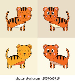 Set of vector brown  cute  tiger on beige isolated background. Animal set.