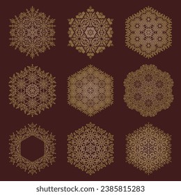 Set of vector brown and golden snowflakes. Collection of winter ornaments. Snowflakes collection. Snowflakes for backgrounds and designs