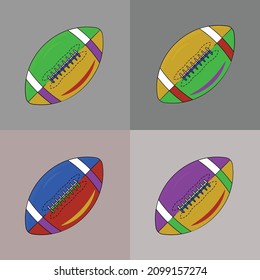 Set of vector brown multi-colored rugby balls on a gray background. Set of bright balls, sports equipment