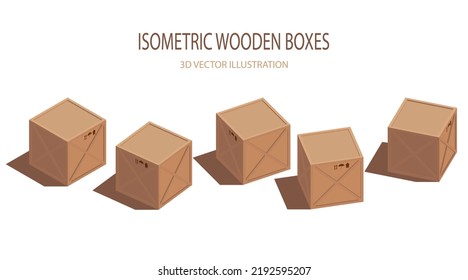 Satz von vektorbraunen Holzkisten mit Etiketten. Isometrische Illustration.