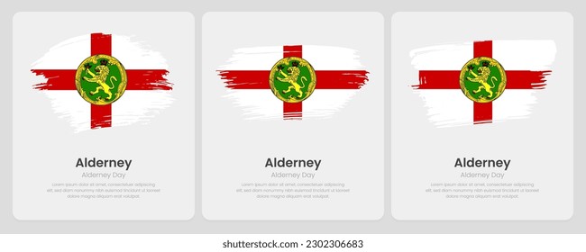 A set of vector brush flags of Alderney on abstract card with shadow effect