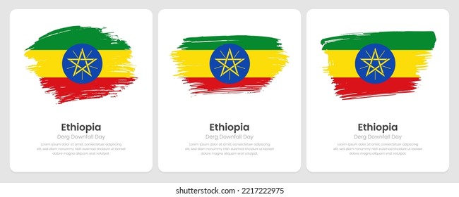 Un conjunto de banderas de pincel vectorial de Etiopía en una tarjeta abstracta con efecto de sombra