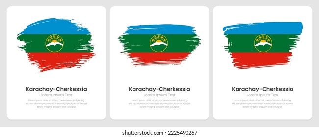 A set of vector brush flags of Karachay-Cherkessia on abstract card with shadow effect