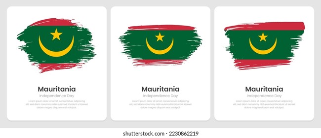 A set of vector brush flags of Mauritania on abstract card with shadow effect