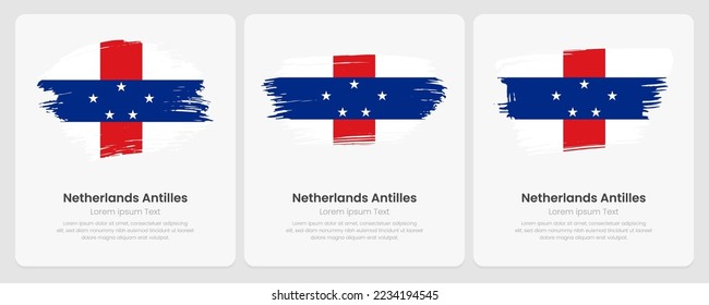 A set of vector brush flags of Netherlands Antilles on abstract card with shadow effect