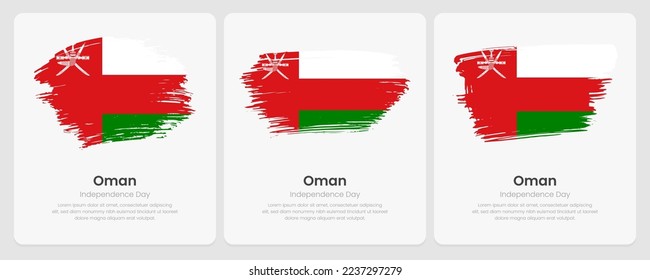 Un conjunto de banderas de pincel vectorial de Omán en una tarjeta abstracta con efecto de sombra