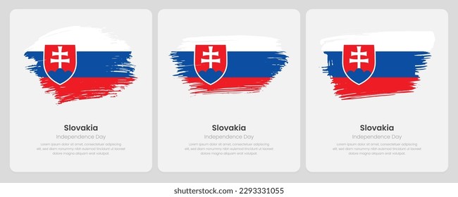 Un conjunto de banderas de pincel vectorial de Eslovaquia en una tarjeta abstracta con efecto de sombra