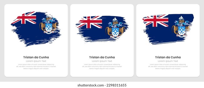 A set of vector brush flags of Tristan da Cunha on abstract card with shadow effect