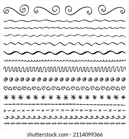 Set of vector brush lines, doodle sketches, scribble lines, design elements isolated on white background. Hand drawn strokes