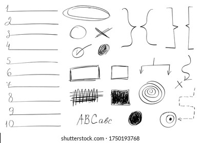 Set of vector brush lines, underlines, circles, signs, figures, shapes. Hand-drawn collection of doodle style various shapes. Isolated on white. Vector illustration 