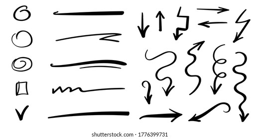 Set of vector brush lines, underlines, circles, signs. Hand-drawn collection of doodle style various shapes. Elements isolated on white. Vector illustration
