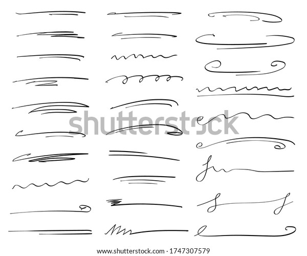 Set of vector brush lines,\
underlines, circles, signs. Hand-drawn collection of doodle style\
various shapes. Isolated on white. Vector\
illustration